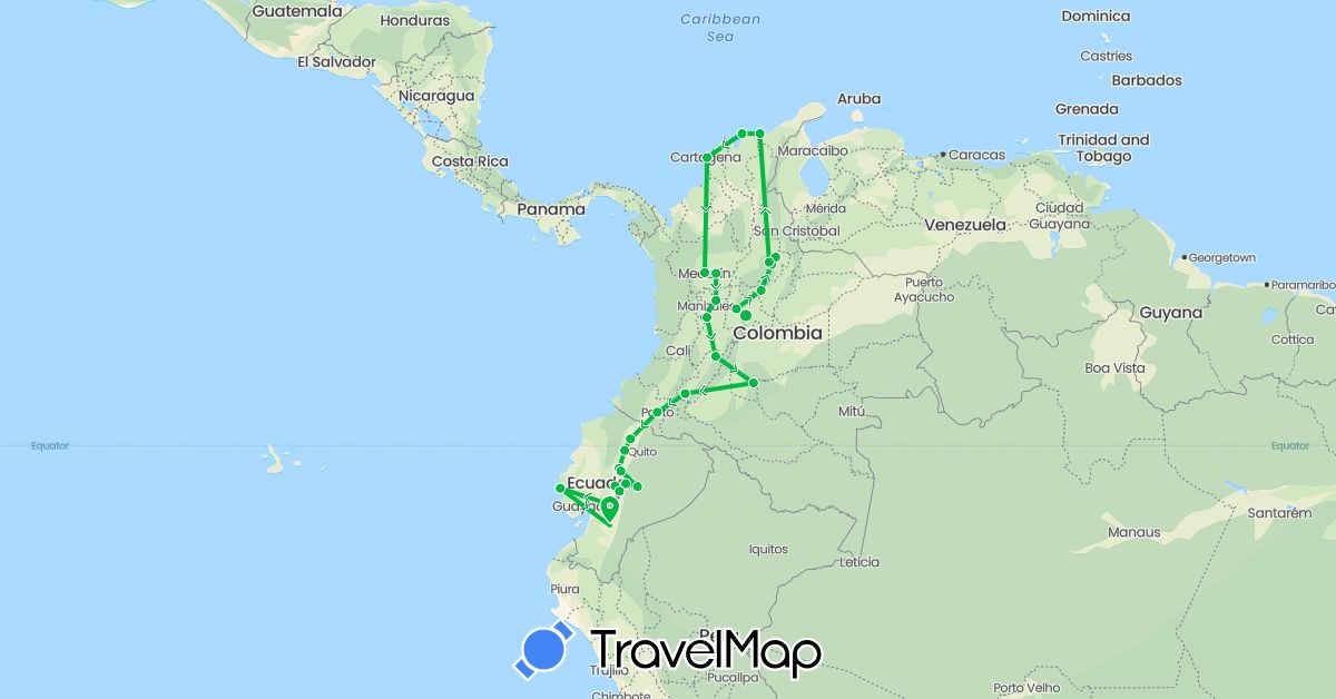 TravelMap itinerary: bus, train in Colombia, Ecuador (South America)